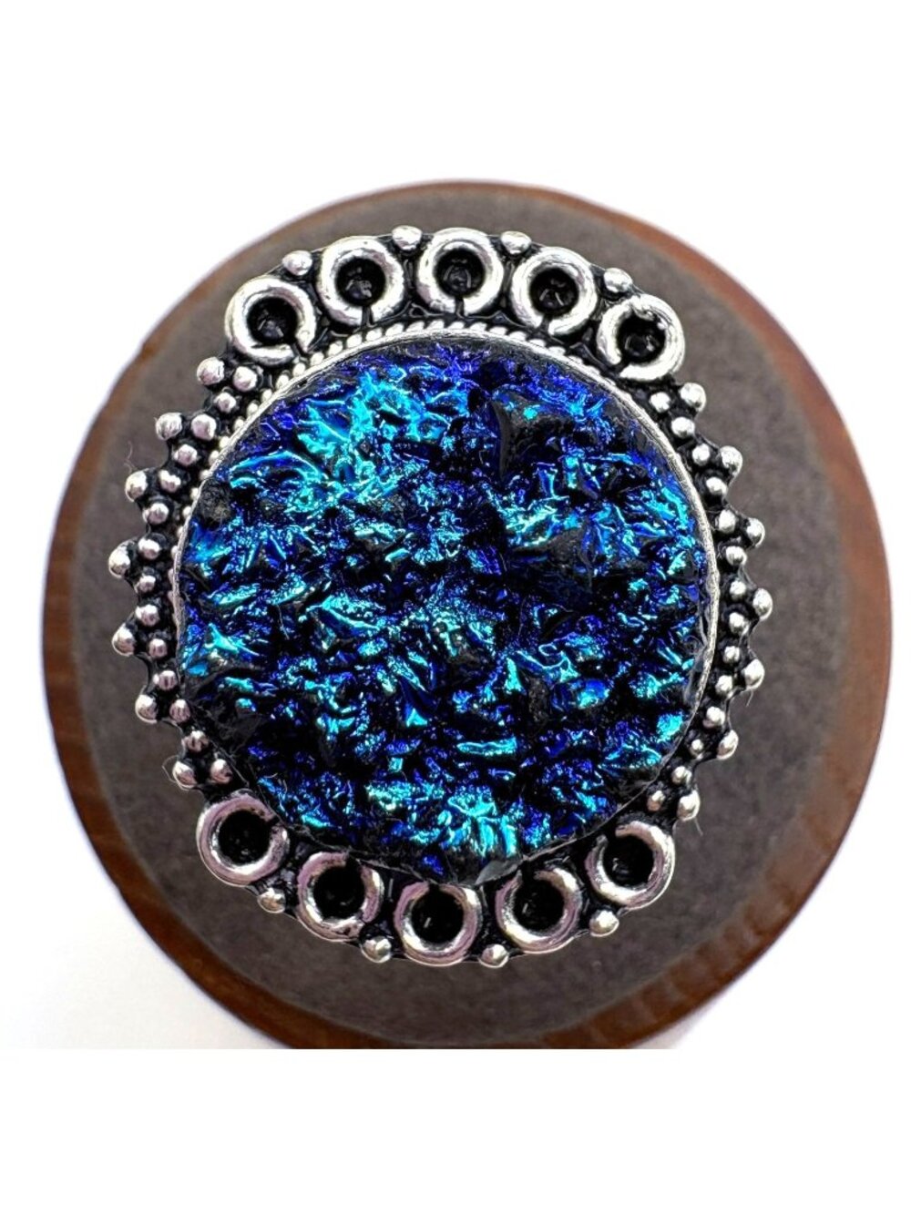 Dyed Blue Druzy Beaded Border Statement Ring Sterling Silver 925 Size 8.25